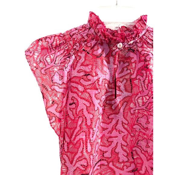 CHUFY Pink High Neck Cotton Silk Blouse Cottagecore Floral Spring Luxury XS - Picture 5 of 10